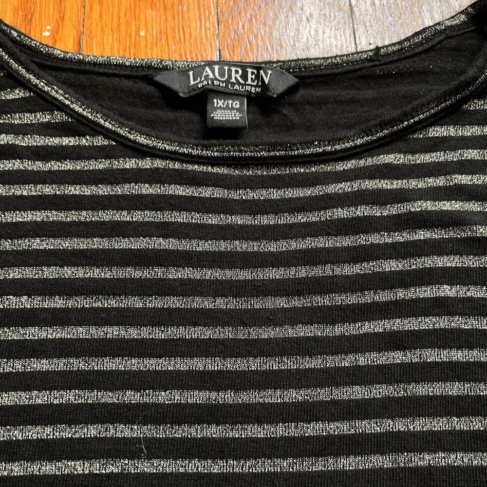 LRL Ralph Lauren 1X XL Black Gold Glitter Striped Holiday Party Top Preppy Glam